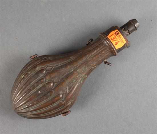 Appraisal: English copper powder flask marked ''Hawksley'' th century in H