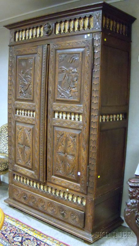 Appraisal: Jacobean-style Carved Oak Two-Door Armoire over Drawer ht wd in