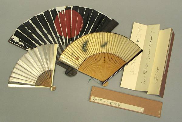 Appraisal: A group of Japanese fans and calligraphy Including one silver