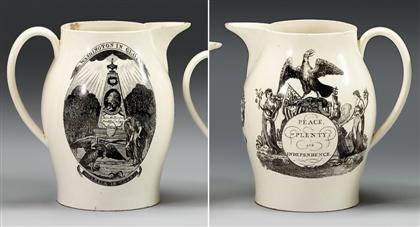 Appraisal: Black transfer-printed creamware pitcher Of Ovoid form decorated with Washington