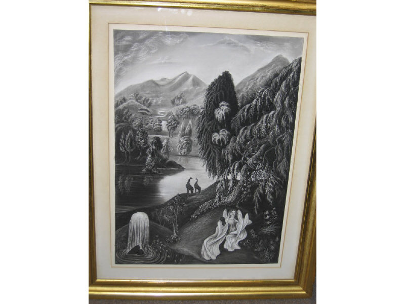 Appraisal: AMERICAN SCHOOL TH CENTURY Lush mountain river landscape with angels