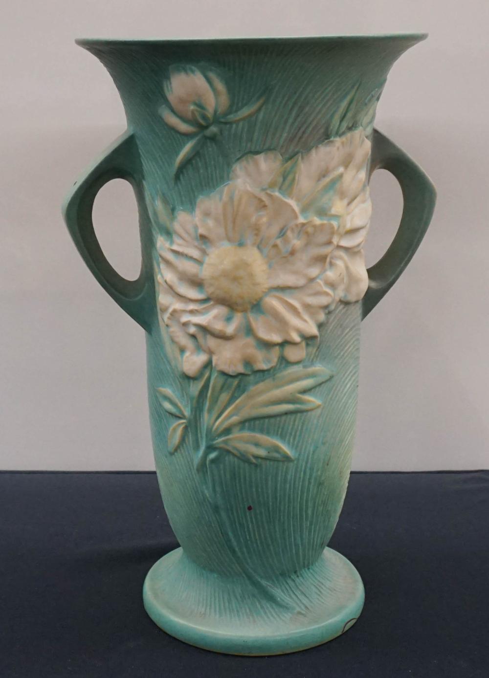 Appraisal: ROSEVILLE FLORAL DECORATED POTTERY TWO-HANDLE VASE H IN CM Roseville