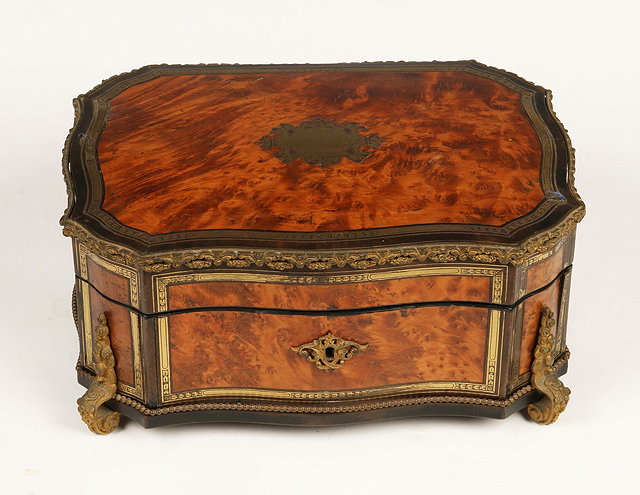 Appraisal: A FRENCH BURR WALNUT AND BRASS INLAID WORK BOX with