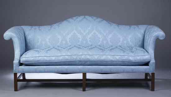 Appraisal: GEORGE III STYLE MAHOGANY CAMEL-BACK SOFA By Kittinger Furniture blue