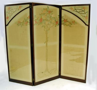 Appraisal: A Glasgow School silk embroidered three fold screen in mahogany