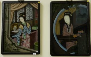 Appraisal: Set of three Chinese School reverse paintings on glass of