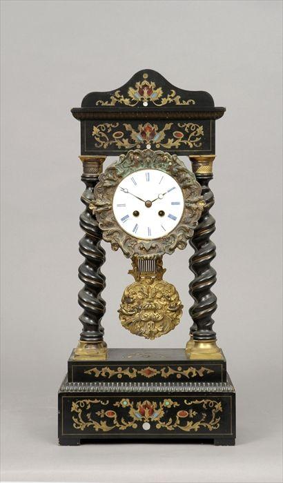 Appraisal: French Brass-Inlaid and Ebonized Portico Mantel Clock x in