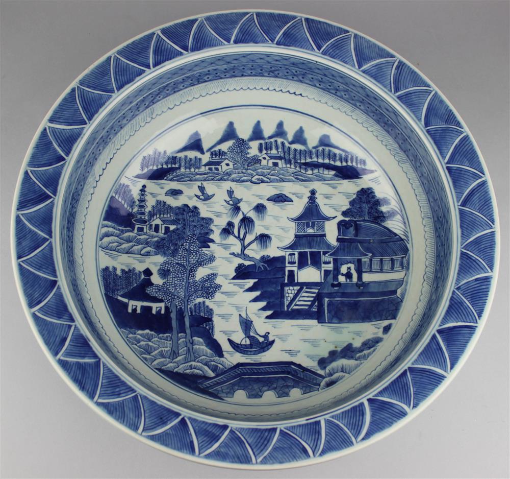 Appraisal: CANTON STYLE UNDERGLAZE BLUE AND WHITE BASIN painted in typical