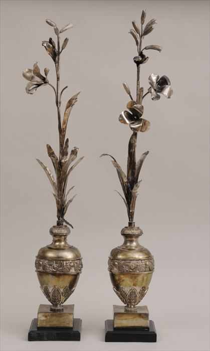 Appraisal: PAIR OF CONTINENTAL NEOCLASSICAL SILVER-PLATED BRASS-SHEATHED WOOD TABLE DECORATIONS Each