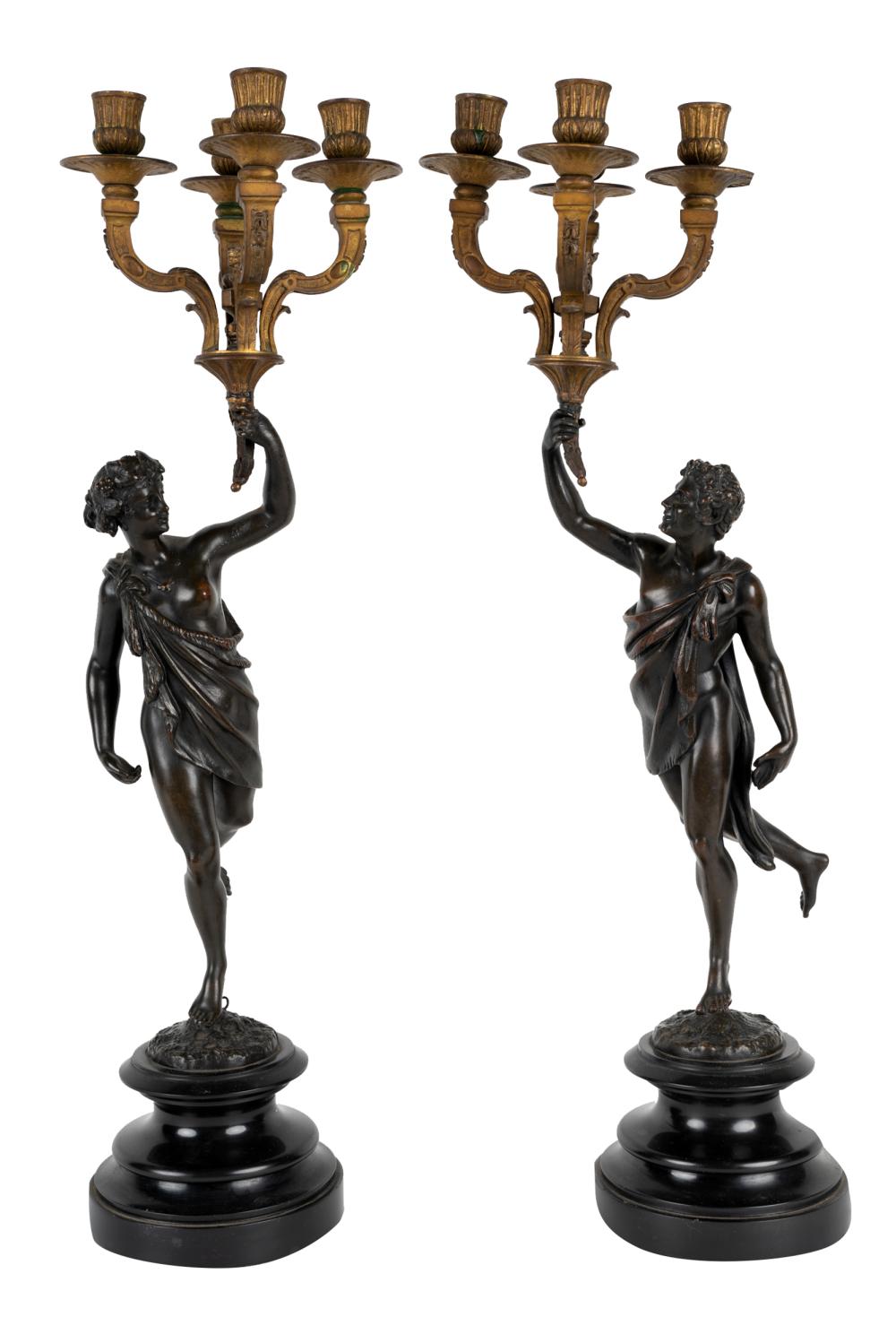 Appraisal: PAIR OF PATINATED BRONZE FIGURAL CANDELABRAeach with four lights inches