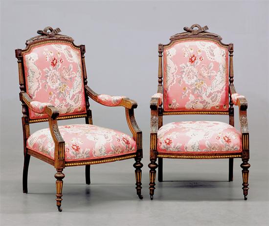 Appraisal: Pair Louis XVI style carved walnut armchairs late th century