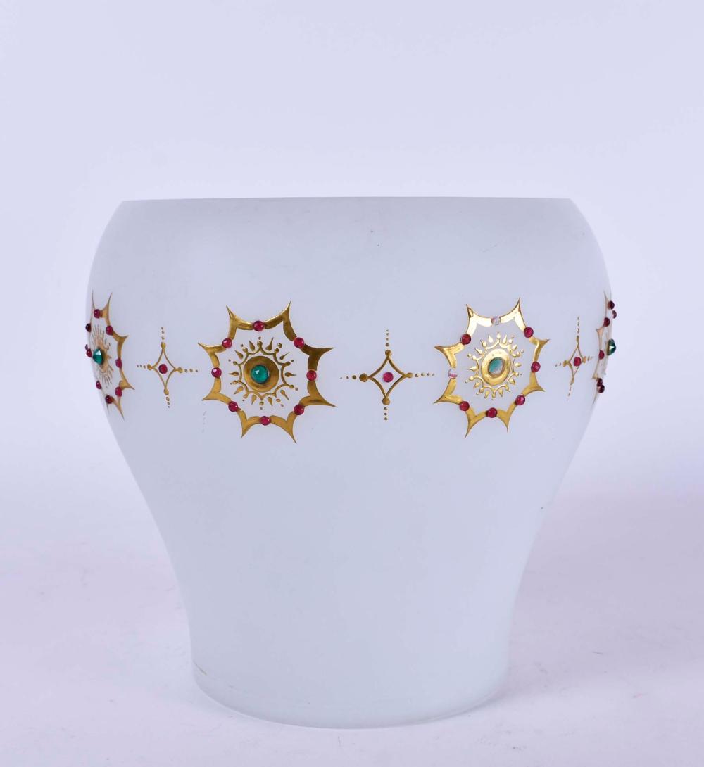 Appraisal: FRENCH WHITE OPALINE VASEEarly th Century Jeweled with green paste