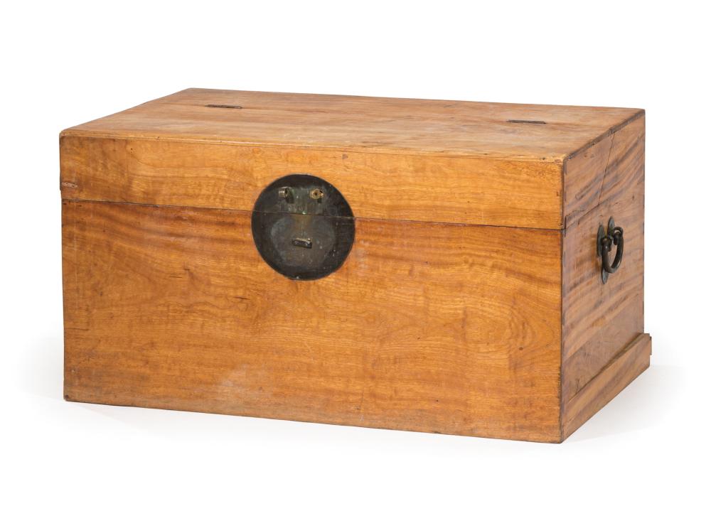 Appraisal: Chinese Wood Storage Chest Remnant bronze escutcheon lacking lock and