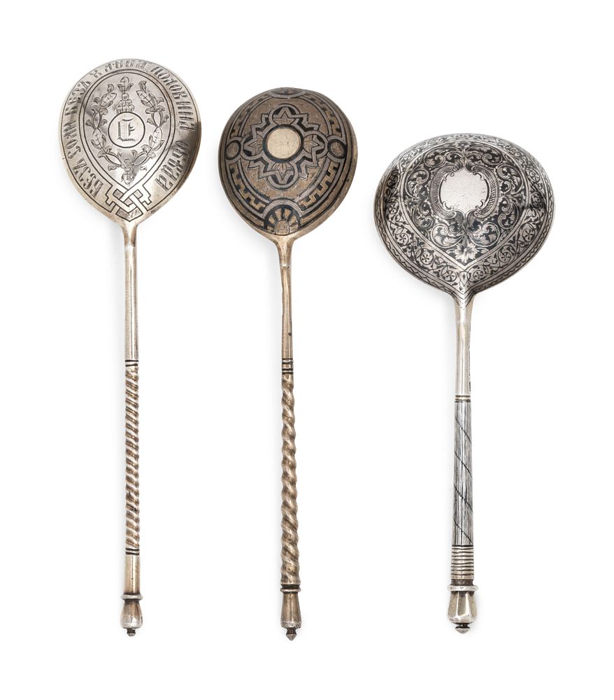 Appraisal: Three Russian Niello Silver Spoons Three Russian Niello Silver Spoons