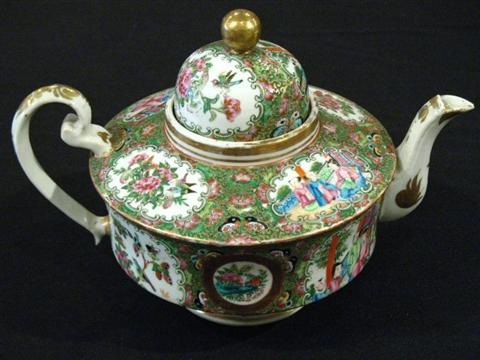 Appraisal: CHINESE ROSE MEDALLION TEAPOT Mid th century with figures and