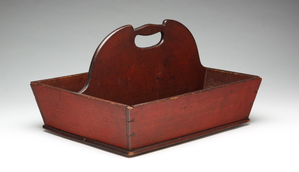 Appraisal: AMERICAN CUTLERY TRAY Attributed to the Shakers poplar Dovetailed canted