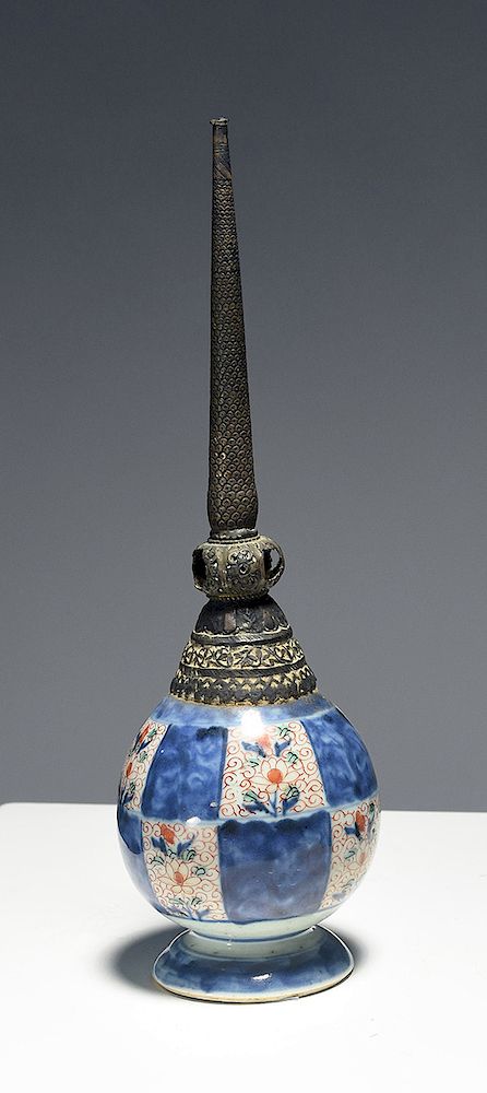 Appraisal: th C Persian porcelain and silver holy water bottle th