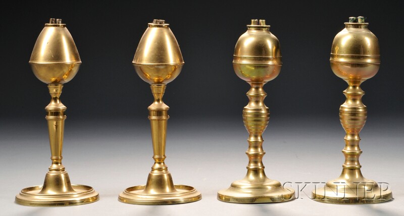 Appraisal: Two Pairs of Brass Whale Oil Lamps America early to