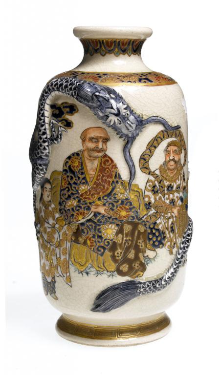 Appraisal: A SATSUMA EARTHENWARE VASE moulded in relief with an encircling