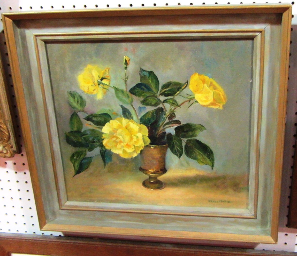 Appraisal: A still life oil on board of flowers and three