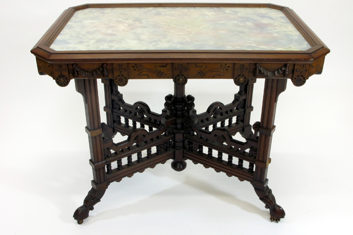 Appraisal: FINE VICTORIAN WALNUT LAMP TABLE WITH MARBLE TOP Eastlake design