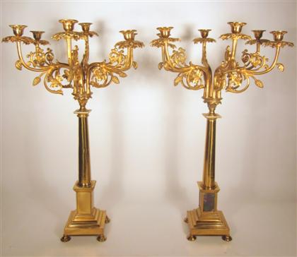 Appraisal: Pair of Continental brass CandelabraSix scroll cast holders issue from