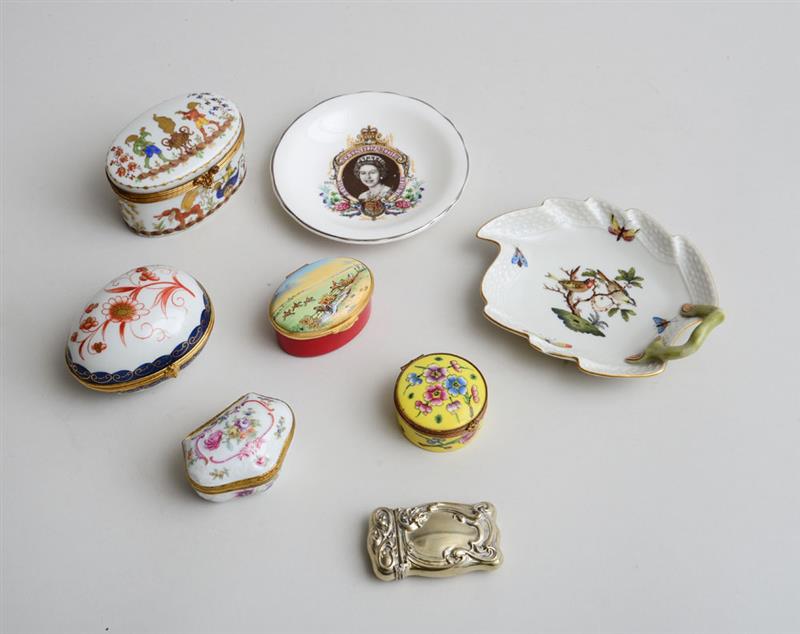 Appraisal: FOUR FRENCH GILT-METAL-MOUNTED PORCELAIN BOXES A STAFFORDSHIRE ENAMEL HUNT BOX