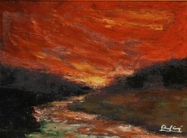 Appraisal: Framed oil on canvas board painting River Sunset signed illegibly