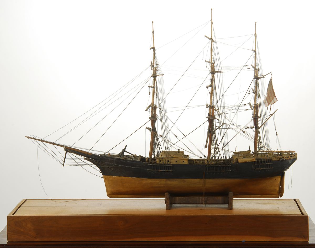 Appraisal: CASED MODEL OF AN AMERICAN SHIP th CenturyWith wooden hull