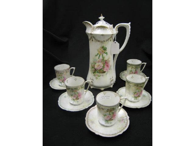 Appraisal: pc R S Prussia Porcelain Chocolate Set hanging basket of