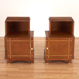 Appraisal: Pair Deco burr wood side tables attr Jules Leleu Pair