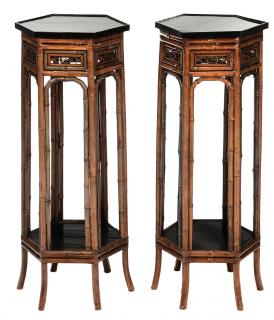 Appraisal: Pair Regency Bamboo and Ebonized Six Sided Urn Stands British