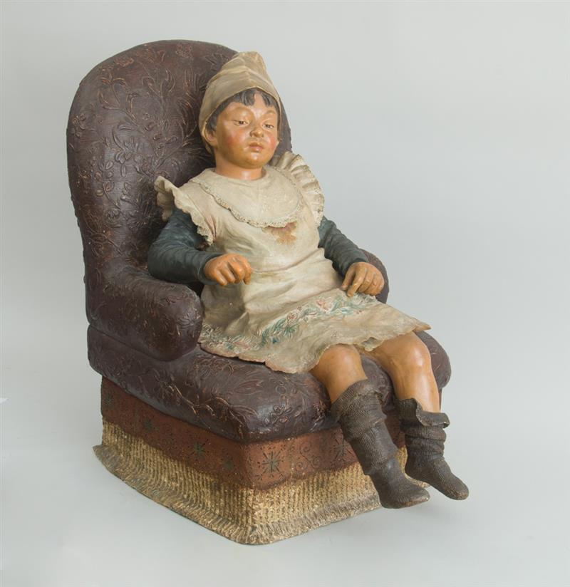 Appraisal: Goldscheider-Type Polychrome Terracotta Figure Wearing a bib and dress boots