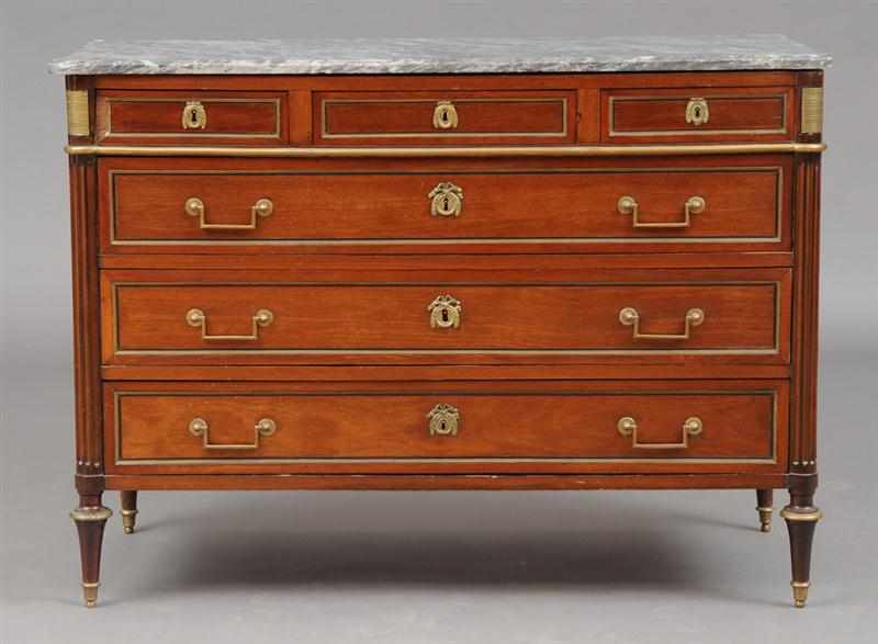 Appraisal: LOUIS XVI BRASS-MOUNTED MAHOGANY COMMODE The veined grey marble top