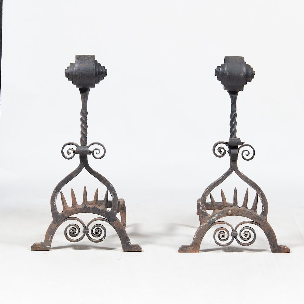 Appraisal: Pair of Continental Black Painted Metal Large Andirons x x