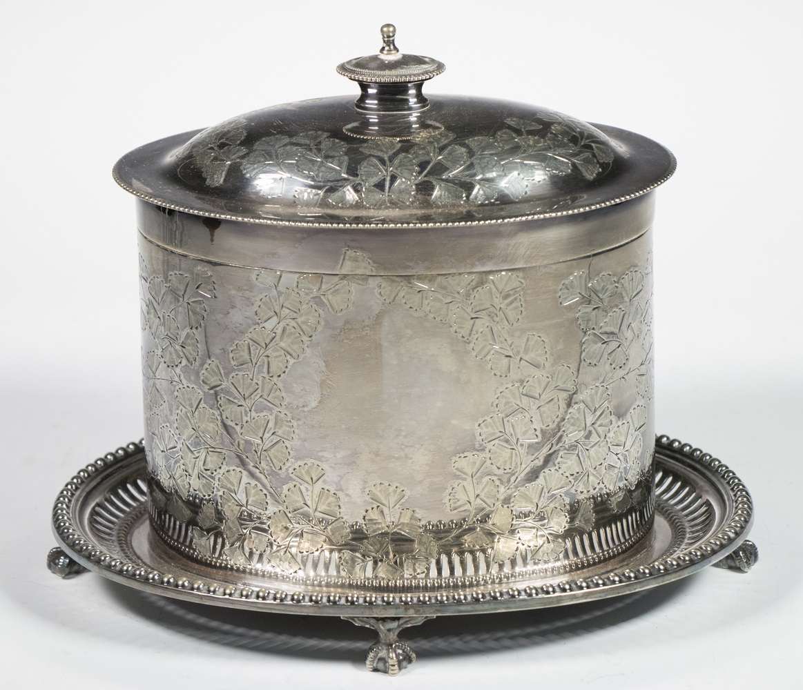 Appraisal: ENGLISH OVAL BISCUIT BARREL th c Silver-Plate Biscuit Box by