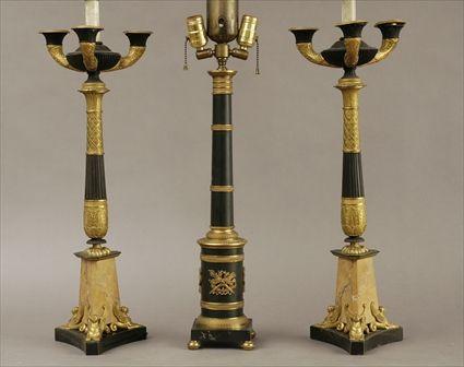 Appraisal: Pair of Empire-Style Patinated and Gilt-Metal Three-Light Candelabra Mounted as