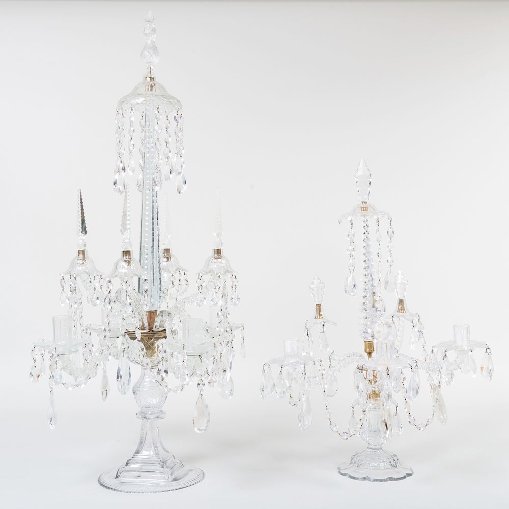 Appraisal: Two English Cut Glass Candelabra The larger a four-light candelabra