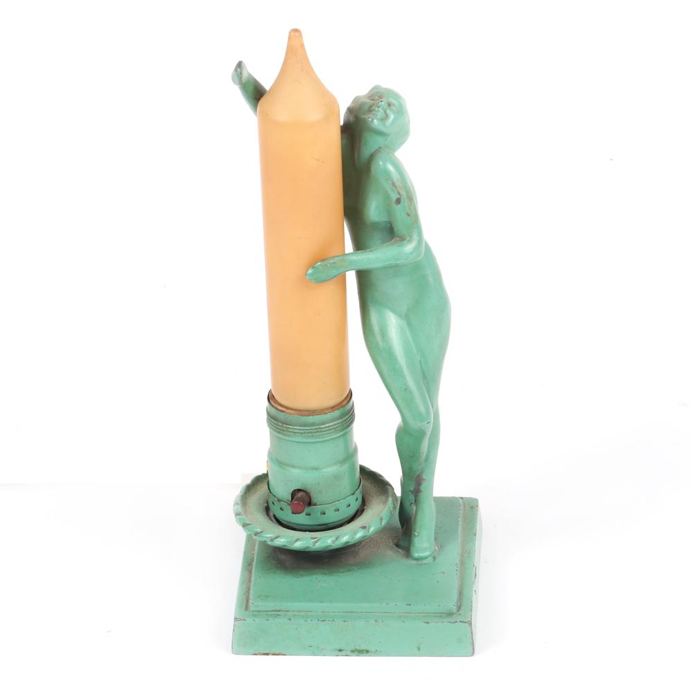 Appraisal: FRANKART ART DECO NUDE FIGURAL L CANDLE FORM DRESSER LAMP