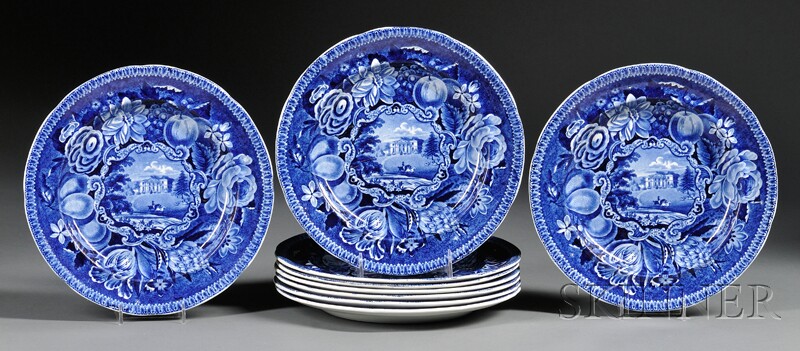 Appraisal: Nine Blue Transfer-decorated Staffordshire Pottery Plates PAINS HILL SURREY R