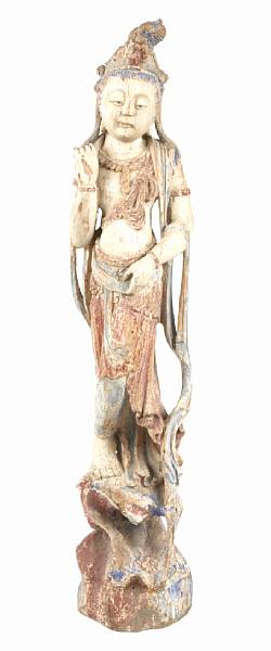 Appraisal: A Chinese painted wood figure of Guanyin minor losses height