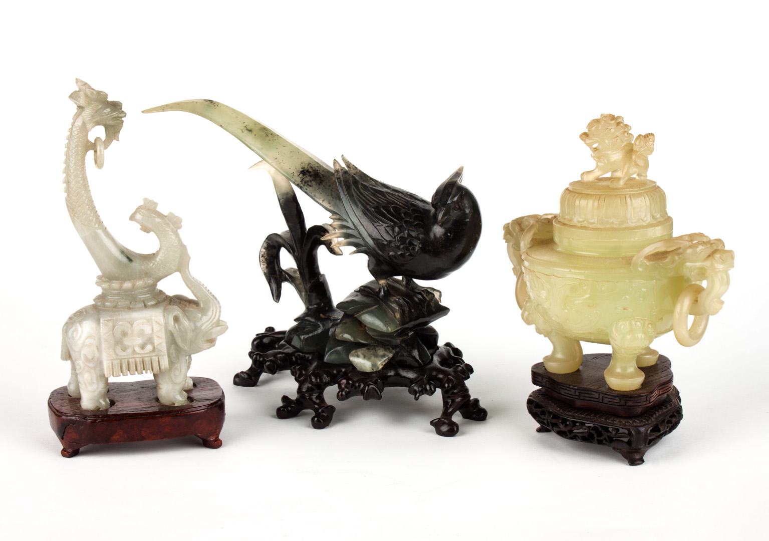 Appraisal: Three Chinese carved hardstone articles comprising phoenix ding and elephant