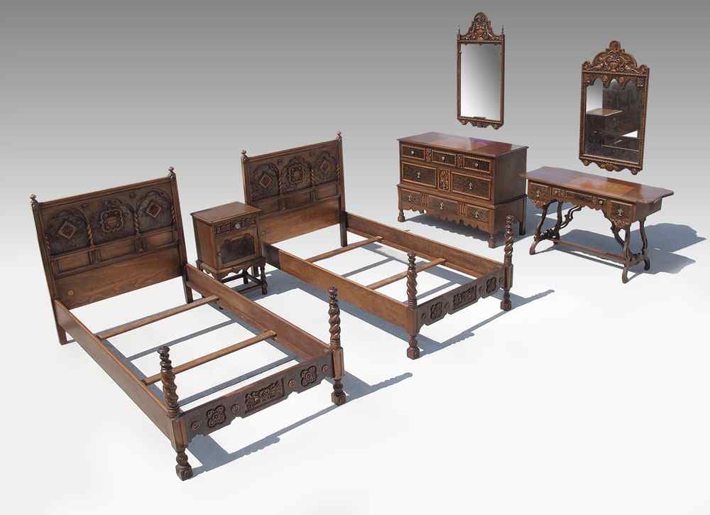 Appraisal: SLIGH FURNITURE CARVED BURL BEDROOM SET To include twin BEDS