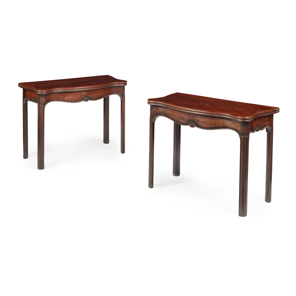 Appraisal: PAIR OF GEORGE III MAHOGANY SERPENTINE CARD TABLES TH CENTURY