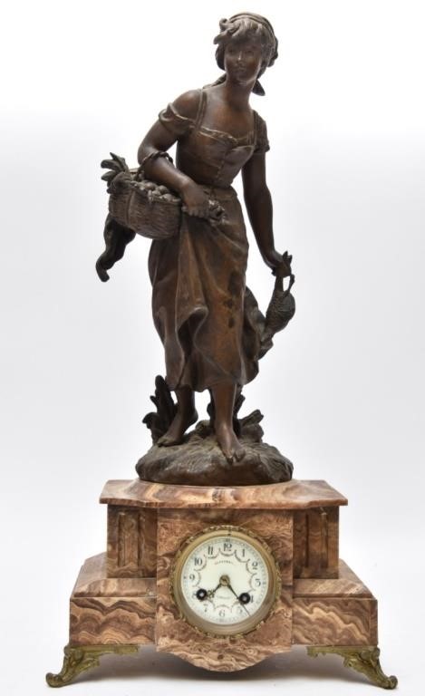 Appraisal: After Moreau spelter metal Harvest Maiden figural French mantel clock