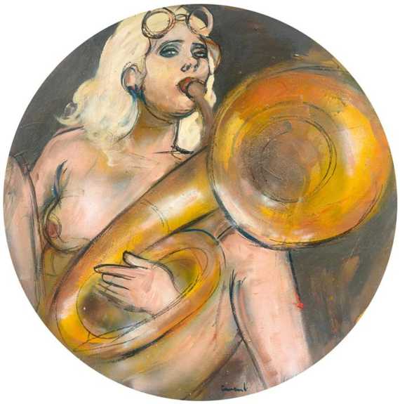 Appraisal: COMENSOLI MARIO Lugano - Zurich Female nude with tuba Acrylic