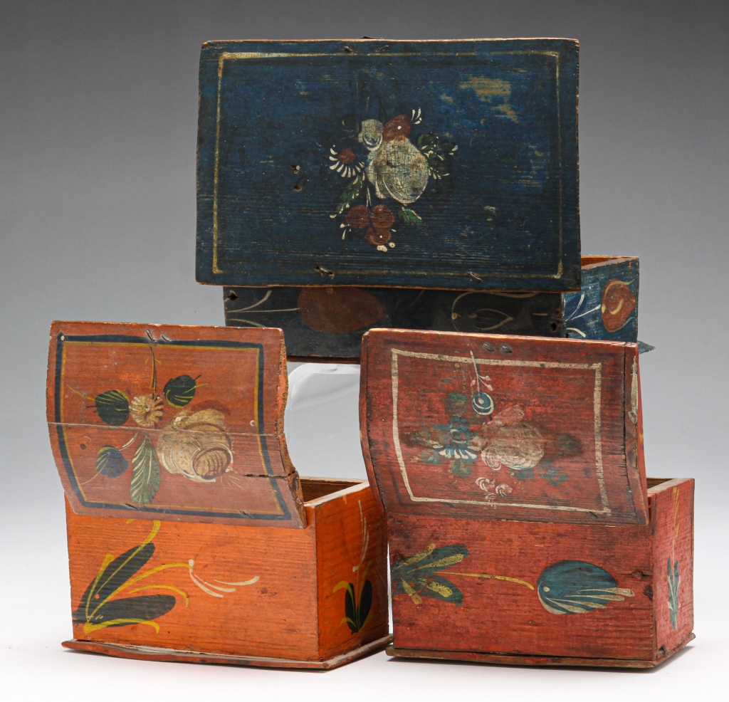 Appraisal: THREE EUROPEAN DECORATED BOXES Second half th century pine Pegged