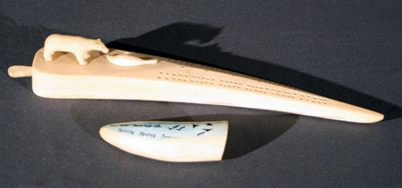 Appraisal: Eskimo Walrus Tusk Cribbage Board and a Paint Decorated Whale's