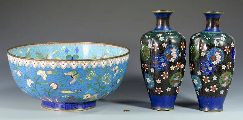 Appraisal: Pr Asian Cloisonne Vases Punchbowl st nd items Pair of