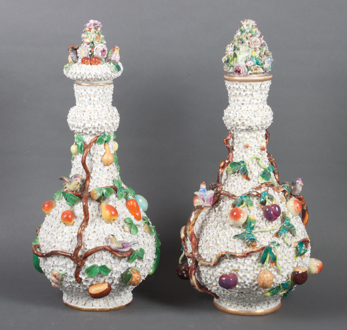 Appraisal: Two Dresden Schneeballens bottle-form vases with floral bird and fruit